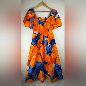 Tabitha Brown Target Midi Dress Women’s 8 Orange Blue Tie Back Puff Sleeve